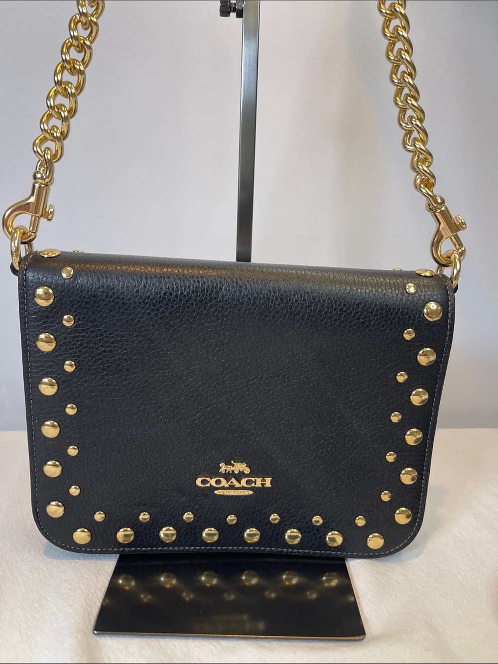 Coach M2481-CAK01 Quinn Bag With Rivets Black Pebbled Leather Chain Crossbody